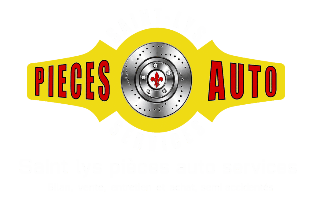 Pieces Auto : Logo avec Disque de Frein et Fleur de Lys Logo Pieces Auto jaune avec disque de frein central et fleur de lys rouge.