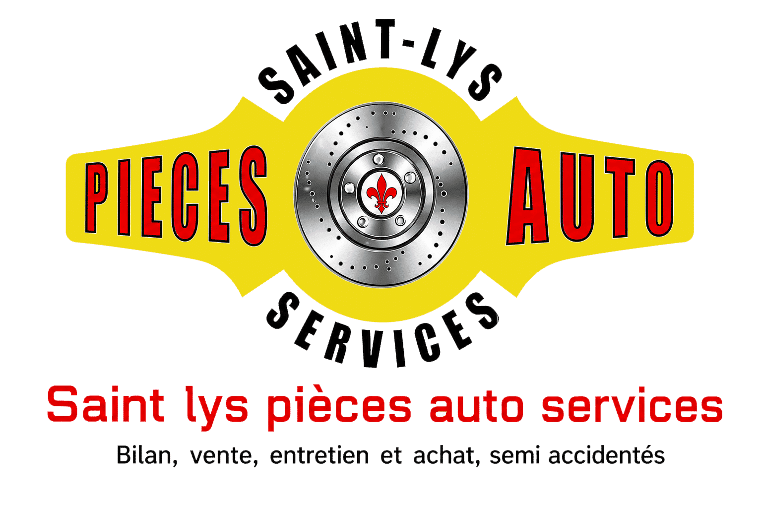 Logo Saint-Lys Pièces Auto Services avec disque de frein, vente et entretien de véhicules et pièces auto.